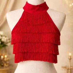 Romantic Red Fringe Mock Neck Halter Crop Top Valentine's Day Small Medium